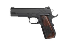 a black handgun with a brown handle with Springfield Armory in the background