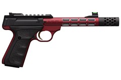 a red handgun with a black handle