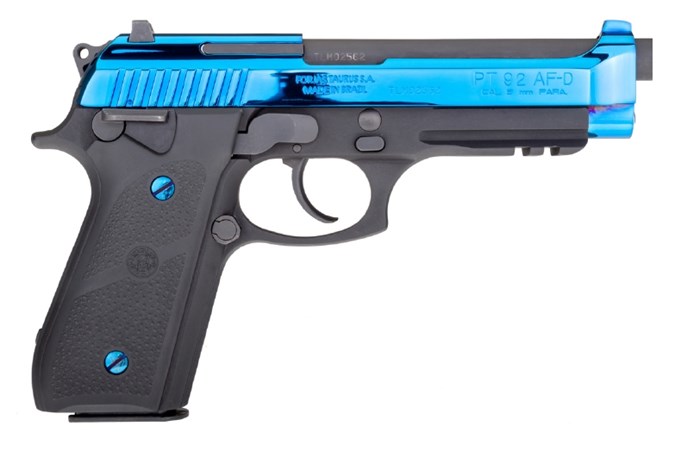 Taurus PT-92 9mm Semi-Auto Pistol - Item #: TAPT92BPH5-17 / MFG Model #: 1-920151-PVD1 / UPC: 725327932215 - PT92 9MM DA BL PVD/HOGUE 17+1 1-920151-PVD1|BLUE PVD SLIDE