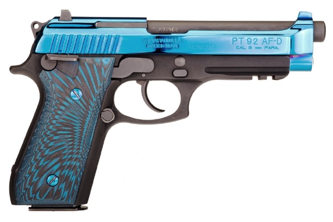 Taurus PT-92 9mm Semi-Auto Pistol - Item #: TAPT92BPG105-17 / MFG Model #: 1-920151-PVD2 / UPC: 725327933120 - PT92 9MM DA BL PVD/G10 17+1 AS 1-920151-PVD2|BLUE PVD SLIDE