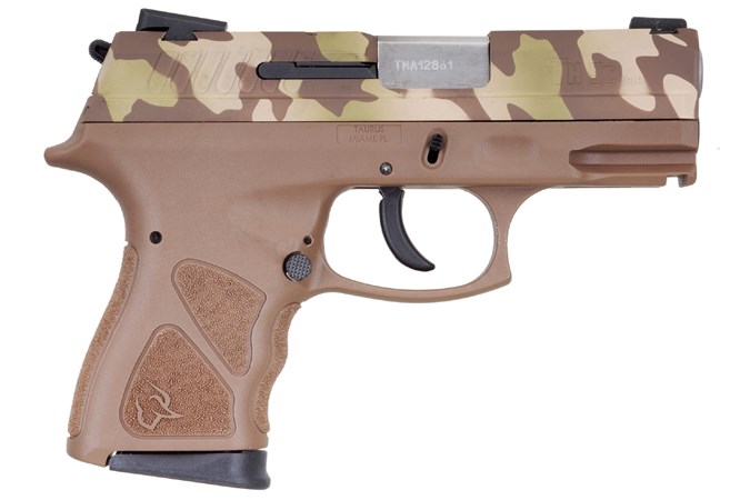 Taurus TH9 Compact 9mm Semi-Auto Pistol - Item #: TATH9CBTC / MFG Model #: 1-TH9C031B-LFC / UPC: 725327933496 - TH9 COMPACT 9MM CAMO/TAN 17+1 1-TH9C031B-LFC|SAFETY|3.5" BBL