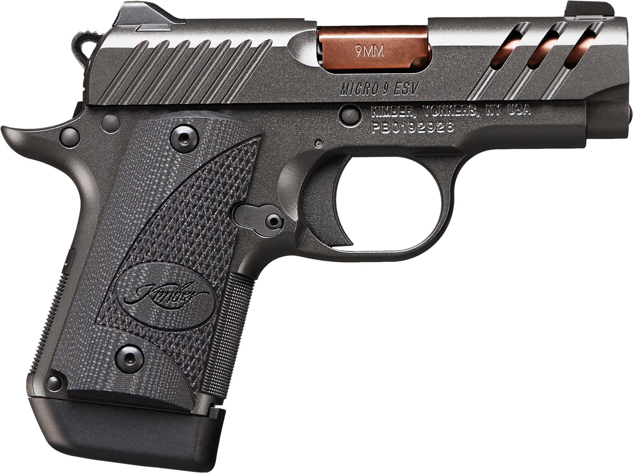 Kimber Micro 9 ESV Gray Pistol: 9MM, 2.75" Non-Ported Slide, 7RD Magazine, G10 Grips, Rose Copper Barrel