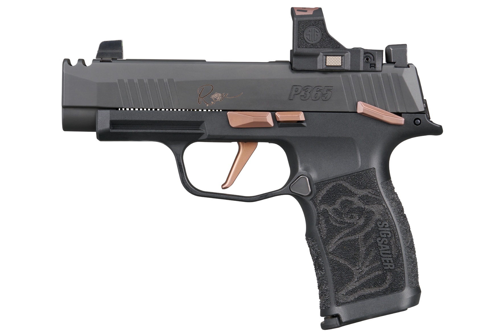Sig Sauer P365XL ROSE, Semi-automatic, Striker Fired, Polymer Frame Pistol, Sub-compact, 9MM, 3.1 Barrel, Nitron Finish, Black, Rose Gold Accents, ROMEO-RS Sight, X-RAY3 Day/Night Sights, Polymer Grips, Manual Safety, 12 Rounds, 2 Magazines 365XL-9-R