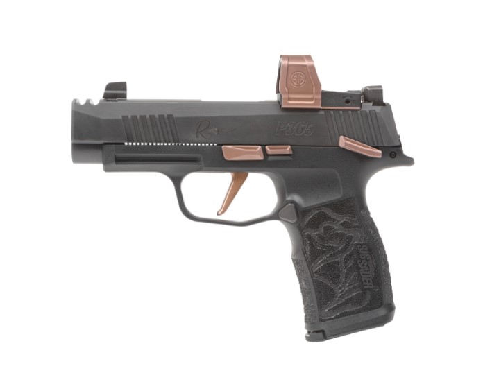 Sig SAUER P365 Rose XL 9mm 3.1" Nitron Striker Fired Semi-Auto Pistol with 12+1 Capacity, Rose Stylized Slide, Matte Gold Controls, ROMEO
