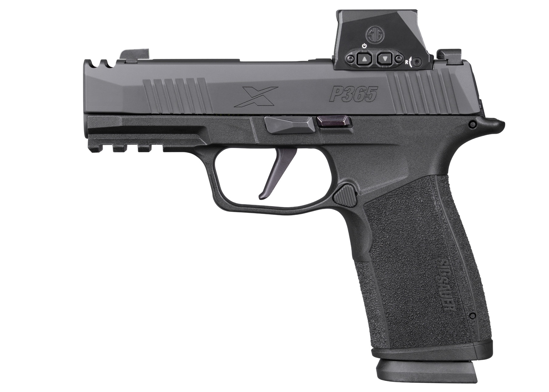 Sig Sauer P365 XMacro, Striker Fired, Semi-automatic, Polymer Frame Pistol, Sub-Compact, 9MM, 3.1 Barrel, Nitron Finish, Black, XRAY3 Day/Night Sights, Romeo-X SIG-LOC Compact Optic, Compensator, 17 Rounds, 2 Magazines 365XCA-9-COMP-RXSL