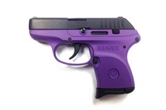 a purple handgun with a black handle