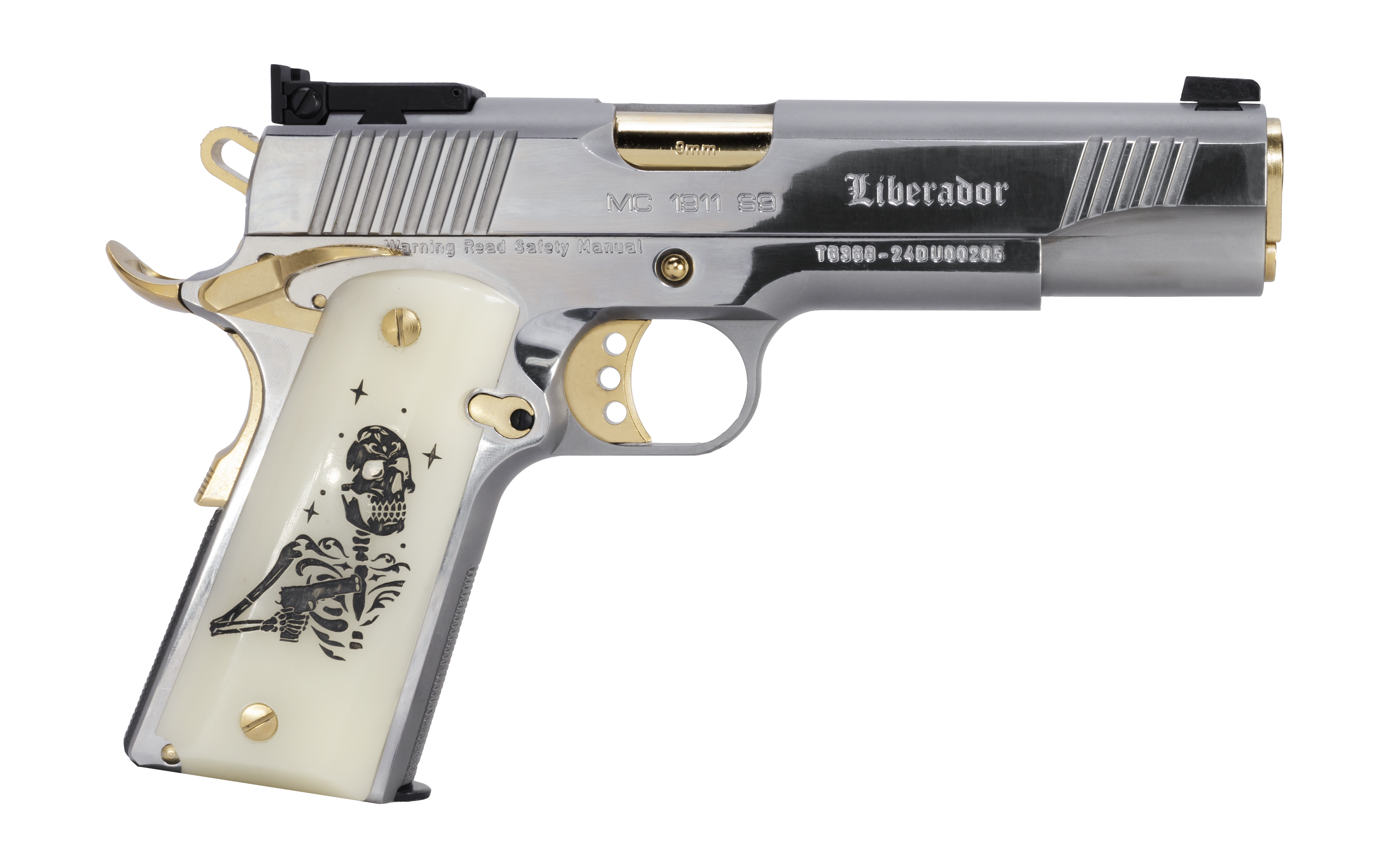 Girsan MC1911 LIBERADOR III 9MM 5" Barrel Stainless Steel & Gold Trim, Engraved Pearl Grips, 10-Rd