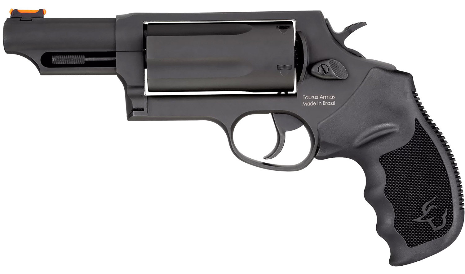 Taurus Judge Magnum Black 45 Colt/410 3in 5rd — Superb Revolver 4 Taurus Judge Magnum Black revolver in 45 Colt and 3-inch 410, left side view showing the long cylinder, 3-inch barrel and rubber grip