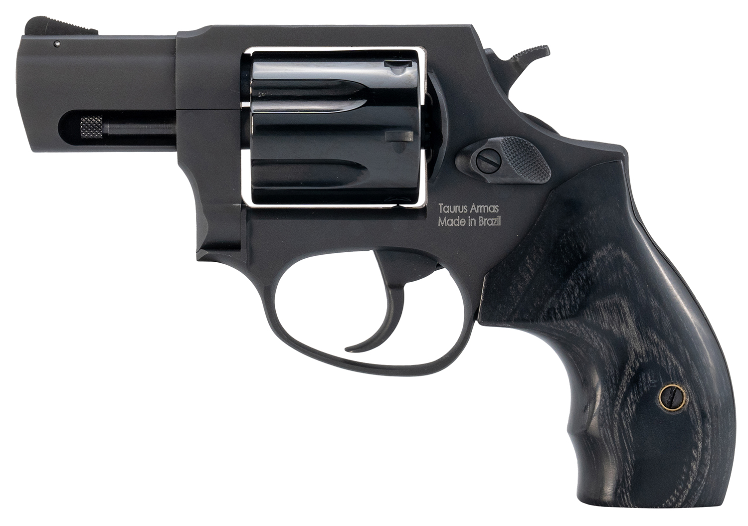 Taurus 856 Black Stainless 38 Special 2in 6rd — Superb Carry Revolver 3 Taurus 856 Black Stainless 38 Special revolver, left side view showing the black 2-inch barrel, six-shot cylinder and figured grip panels