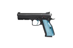 a black handgun with a blue handle