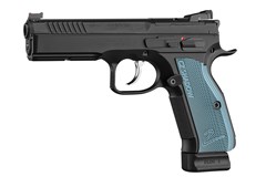 a black handgun with a blue handle