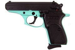 a black handgun with a blue handle