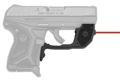 a black handgun with a red handle