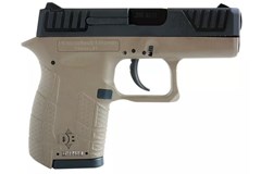 a white handgun with a black handle