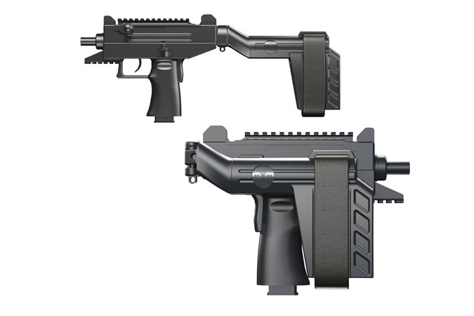 IWI - Israel Weapon Industries UZI Pro Pistol 9mm Semi-Auto Pistol - Item #: IWUPP9SB / MFG Model #: UPP9SB / UPC: 856304004691 - UZI PRO 9MM 25+1 RAIL AS BRACE (1)20 & (1)25 RD MAG INCL