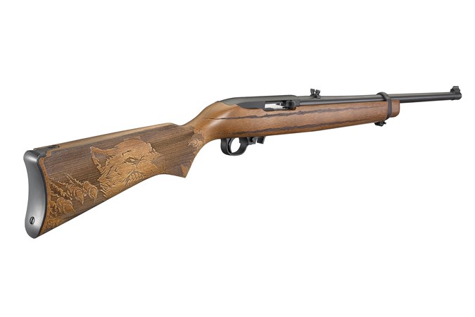 Ruger 10/22 Carbine 22 LR Rifle - Item #: RU1022-WOLF / MFG Model #: 31135 / UPC: 736676311354 - 10/22 WOLF 22LR BL/WD 18.5" 31135 ENGRAVED WOLF STOCK
