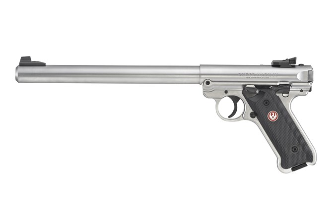 Ruger Mark IV Target 22 LR Semi-Auto Pistol - Item #: RUKMKIV10 / MFG Model #: 40174 / UPC: 736676401741 - MKIV TRGT 22LR 10" SS/SYN 10+1 40174 | BULL BBL | (2) MAGS