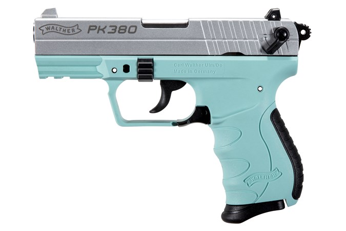Walther Arms PK380 380 ACP Semi-Auto Pistol - Item #: WA5050325 / MFG Model #: 5050325 / UPC: 723364210389 - PK380 380ACP NICKEL/ANGEL BLUE 