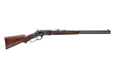 a long metal rifle with Springfield Armory in the background