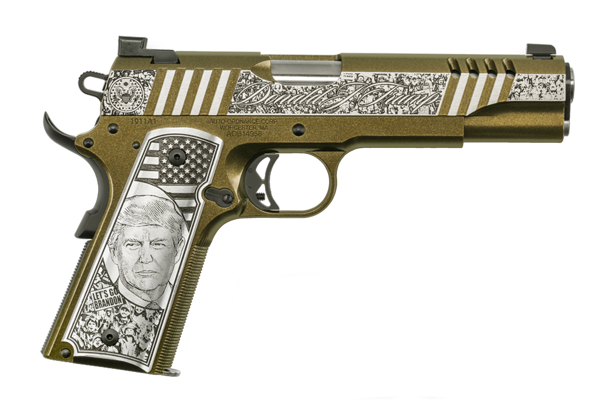 Auto Ordnance 1911TCAC12N Trump Rally Cry .45 ACP Pistol - Stainless Steel, 5" Barrel, 7rd, Night Sights, Engraved Aluminum Grips