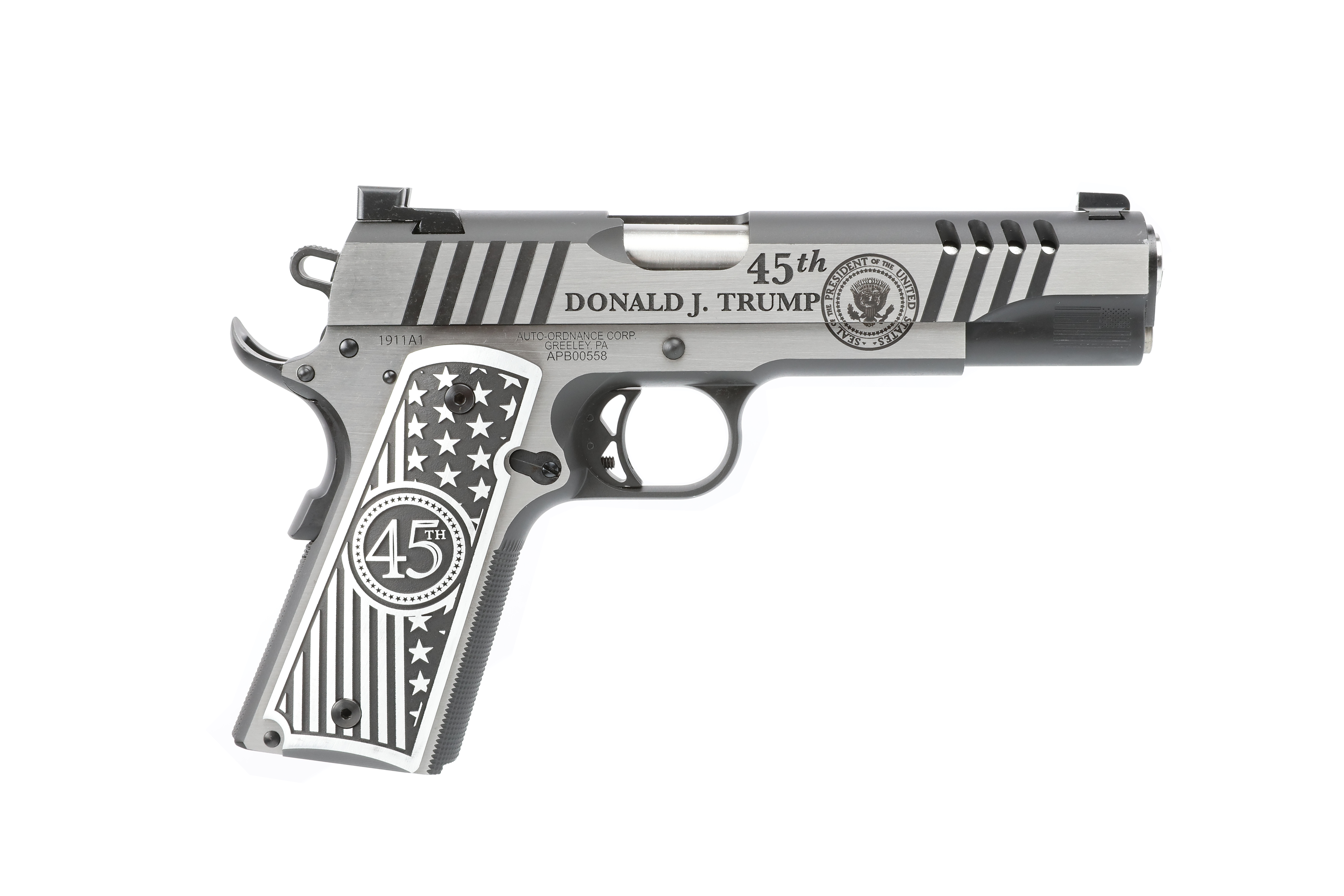 Auto-Ordnance Trump One 1911 Stainless Steel .45 ACP Handgun - 5" Barrel, 7-Round Magazine, Custom Flag Engraved Aluminum Grips, TruGlo Night Sights