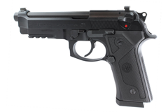 a black handgun with a white background