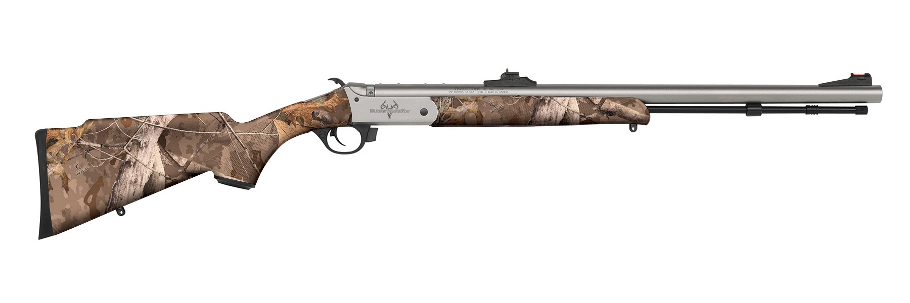 Traditions Buckstalker XT 50 Cal 209 Primer 24" Stainless Cerakote Barrel/Rec Next Camo Wyld Synthetic Stock Fiber Optic Sights