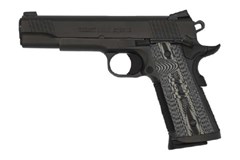 a black handgun with a white background with Springfield Armory in the background