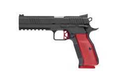 a black handgun with red handle with Springfield Armory in the background