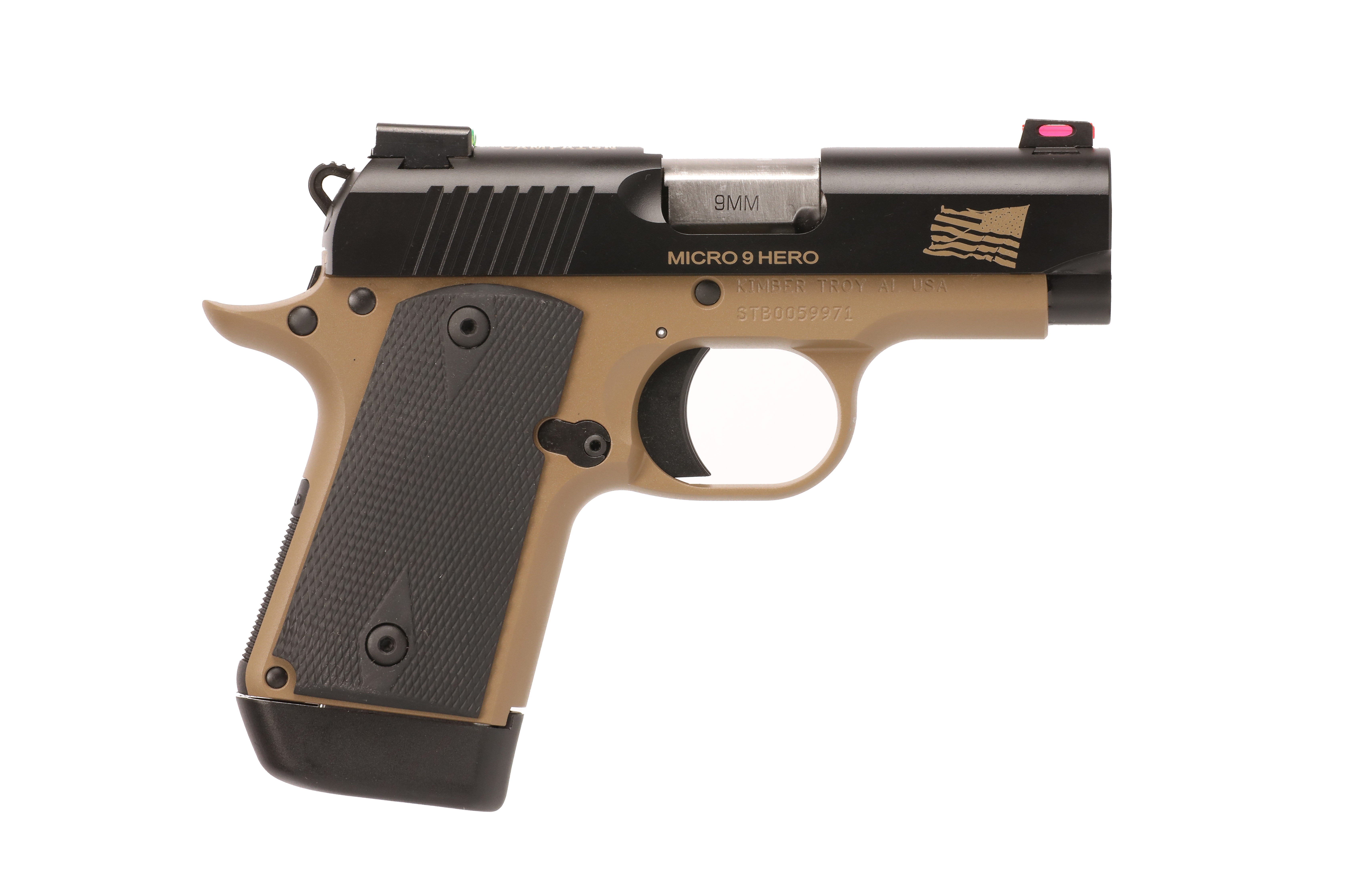 Kimber Micro 9 Hero 9MM 3.15" Barrel Matte Black Slide Tan Frame Fiber Optic Sights Kryptek Grips 7Rd