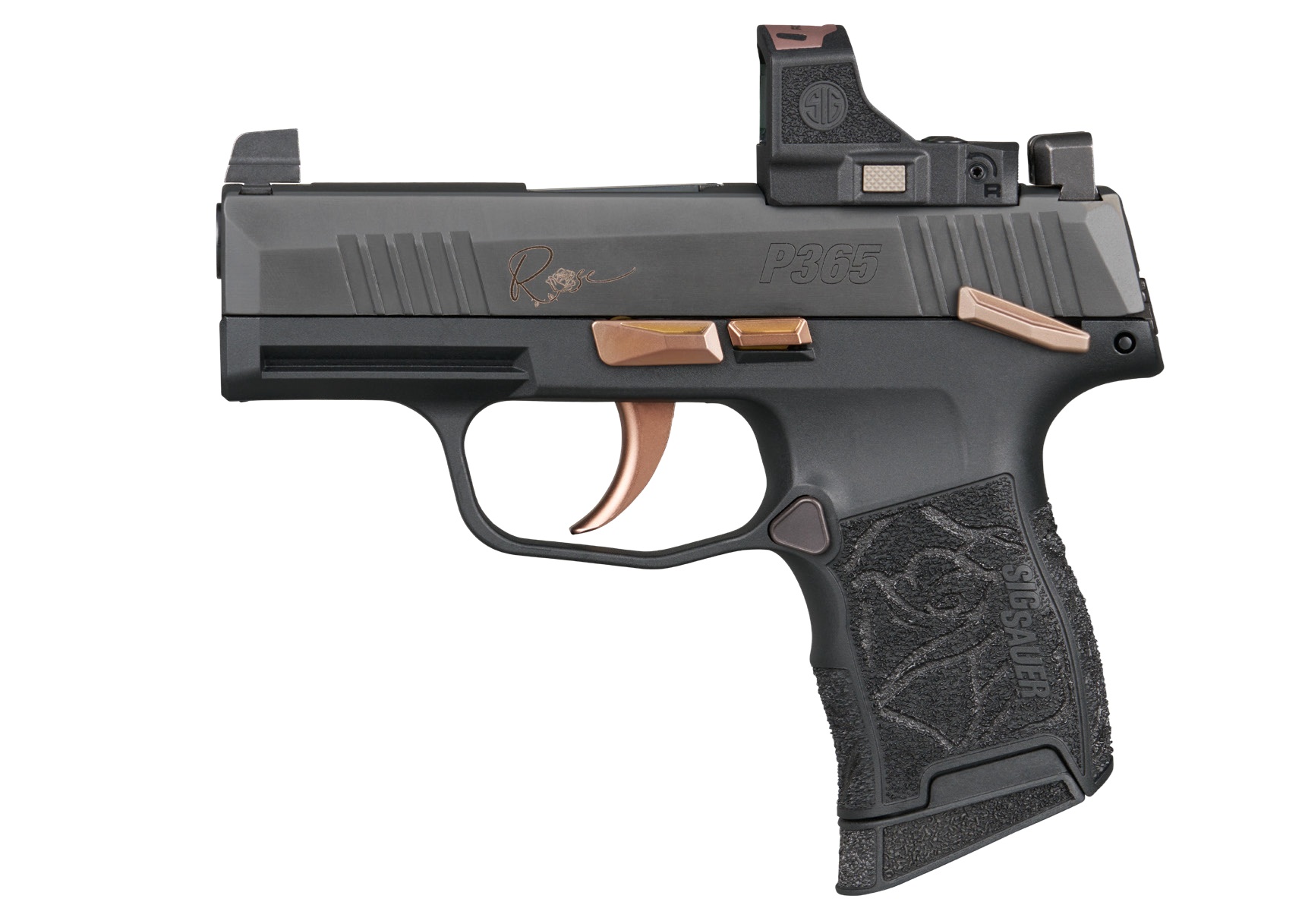 Sig Sauer P365 ROSE, Semi-automatic, Striker Fired, Polymer Frame Pistol, Sub-compact, 380 ACP, 3.1 Barrel, Nitron Finish, Black, Rose Gold Accents, ROMEO-RS Sight, X-RAY3 Day/Night Suppressor Height Sights, Polymer Grips, Manual Safety, 10 Rounds, 2