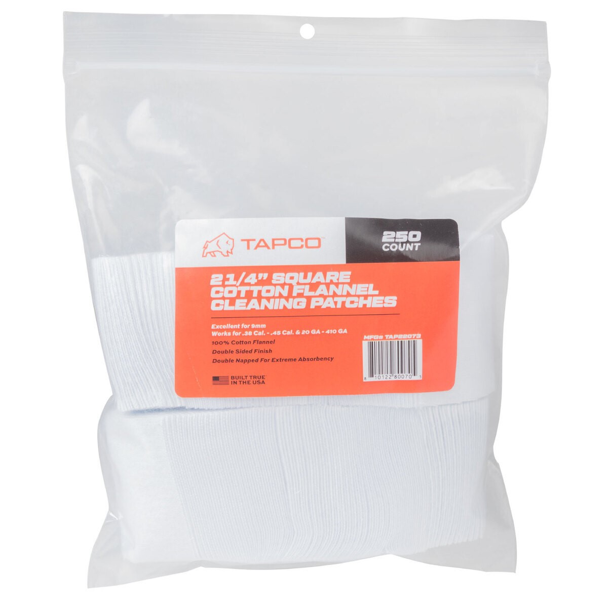 Tapco TAP22073 2.25" Cotton Square Patches 250 Count 38-45 Caliber